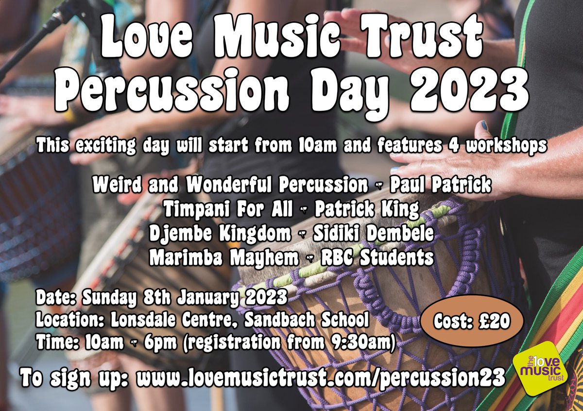 lovemusictrust's tweet photo. The 8th January sees the return of our annual percussion day at Sandbach School. Featuring 4 masterclasses, from Djembes and Marimbas to Timpani and weird and wonderful percussion, we will be covering it all. To find out more visit: https://t.co/r4ubXLS8TS https://t.co/o5LjzRBXof