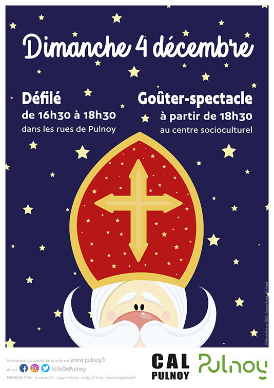#SaintNicolas 

✅ Grand défilé de Saint Nicolas dimanche 4/12 dès 16h30 dans les rues de #Pulnoy
Il terminera son périple à 18h30 au centre socioculturel où un goûter-spectacle sera offert aux petits (et aux plus grands). 
En savoir ➕ sur le parcours 👉 pulnoy.fr/events/defile-…