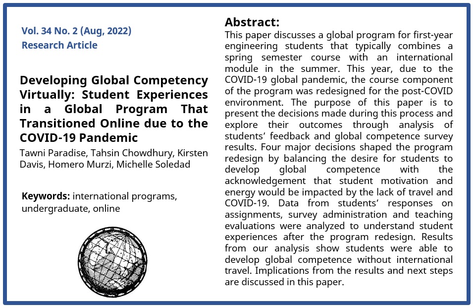 When the purpose of study abroad is to develop global competence but travel is not/no longer possibe, what changes can be made to still deliver on that purpose? How successful can that be? Paradise et al. share their case. Read their article here: doi.org/10.36366/front…