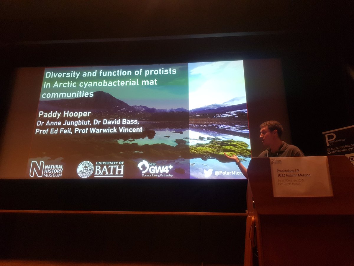 TsvetGeorgiev's tweet photo. @PolarMicrobio king Paddy Hooper presenting his work on the taxonomic and functional diversity of polar microbial mats from Canada at @ProtistologyUK! Lots of fun these last two days at #ProtistsUK22! https://t.co/wsirNTVFAN