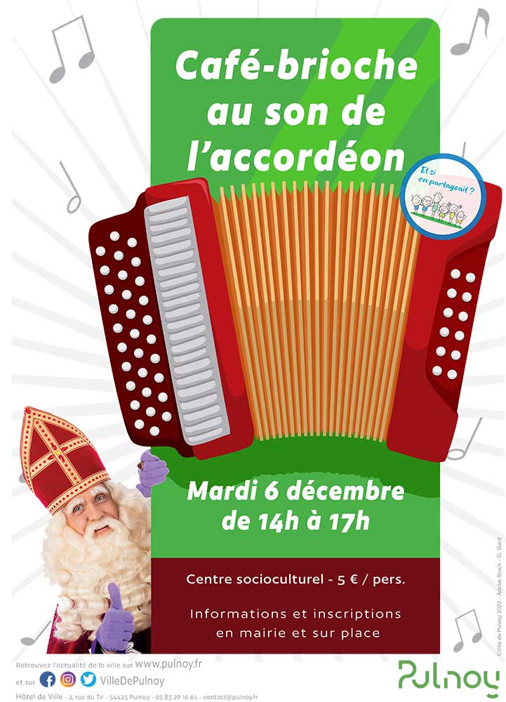 #CafeBrioche

🪗 Dans le cadre du programme "Et si on partageait ?", le service toutes générations de #Pulnoy organise un café-brioche au son de l'accordéon mardi 6 décembre de 14h à 17h. 
Pour vous faire danser ➡ "La guinguette à Momo" 🤩
Inscriptions en mairie et sur place.
