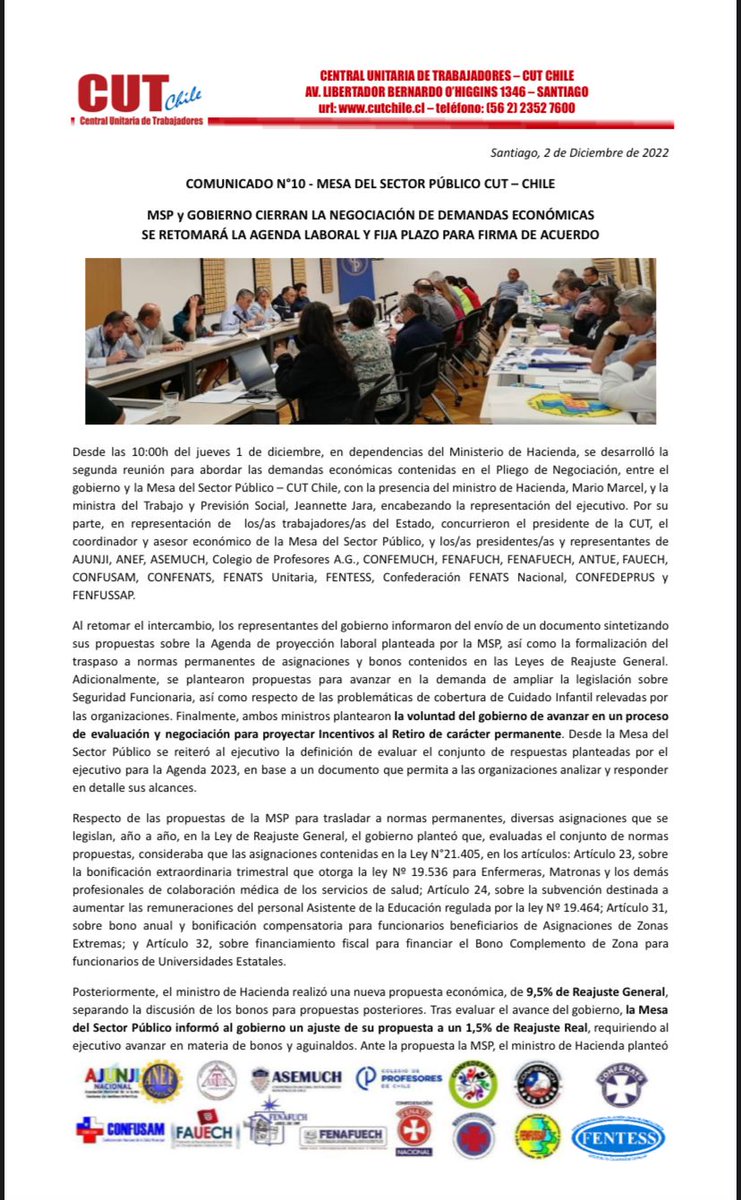 anefchile's tweet photo. #Comunicado: Compartimos con todos y todas el comunicado oficial MSP-CUT respecto del término de las negociaciones con el gobierno. https://t.co/0s0KWU0v3T
