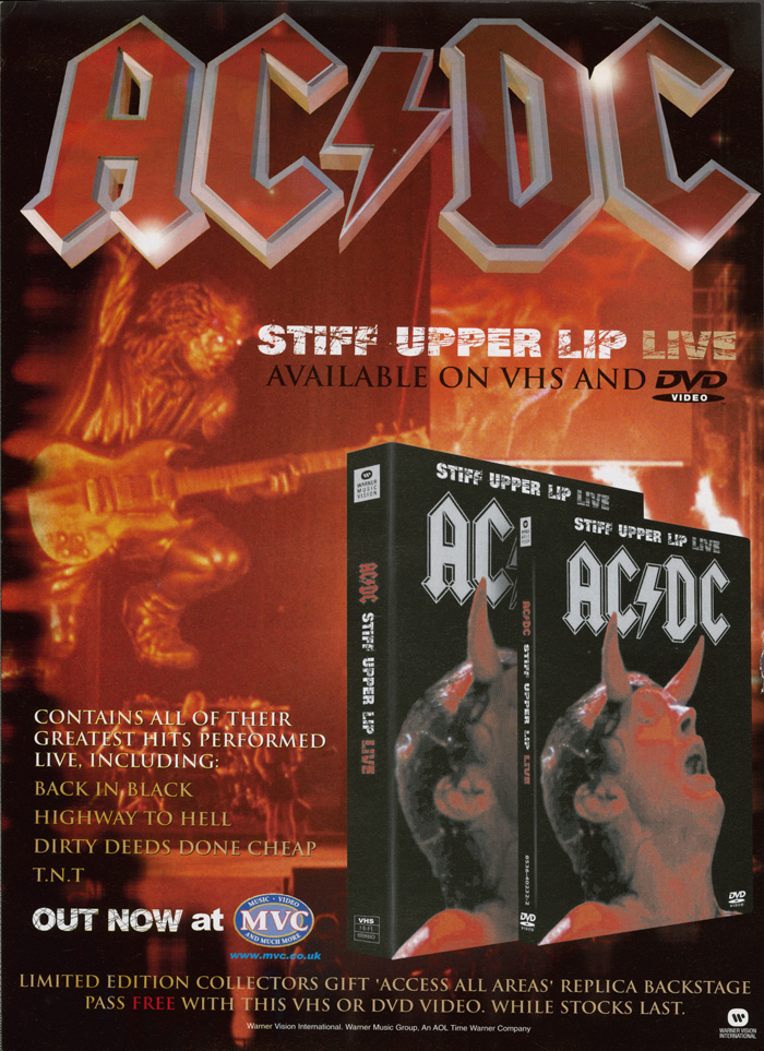 tælle gallon Minefelt AC/DC on Twitter: "OTD 2001 - “Stiff Upper Lip Live,” a concert filmed in  Munich in June 2001, is released on DVD &amp; VHS in the US. The video is  certified Gold