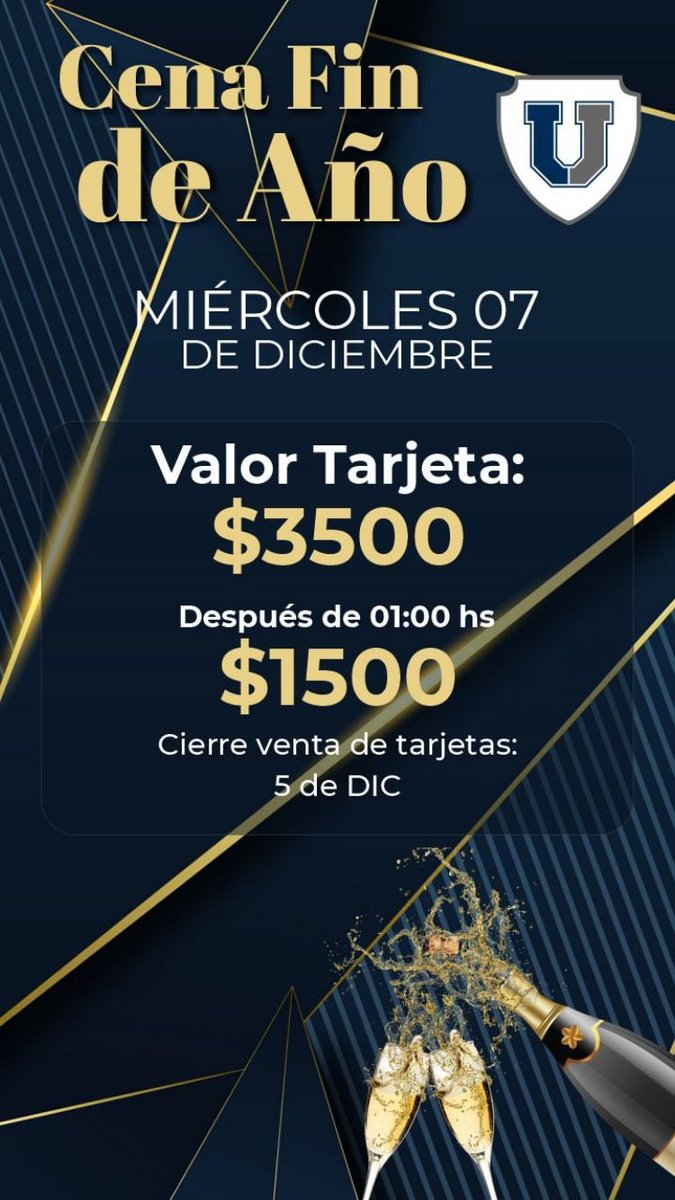 TODOS ESTÁN FORMALMENTE INVITADOS A LA CENA DE FIN DE AÑO DE LA U🐍💙

RT PARA LLEGAR A MÁS AMIGOS Y SOCIOS PARA QUE DISFRUTEMOS A LO GRANDE 👈🏻💪🏻