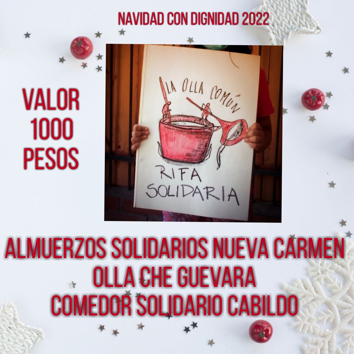 ComunOlla's tweet photo. Campaña de Navidad Rifa Solidaria para 3 ollas
Almuerzos Solidarios de San Joaquín @AlmuerzosSolid2
Comedor Cabildo @ComedorCabildo y
Olla Che Guevara @PabloHumanoide 
Para transferencias
Paloma Ahumada
CUENTA RUT
139060105
Comunolla2020@gmail.com
Asunto:RIFA Y SU MAIL
Gracias ❤️ https://t.co/56cAmJ9Dh8
