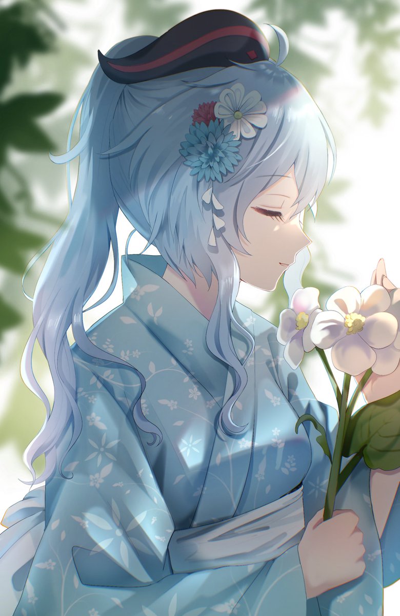 ganyu (genshin impact) 1girl flower horns kimono japanese clothes hair flower blue hair  illustration images