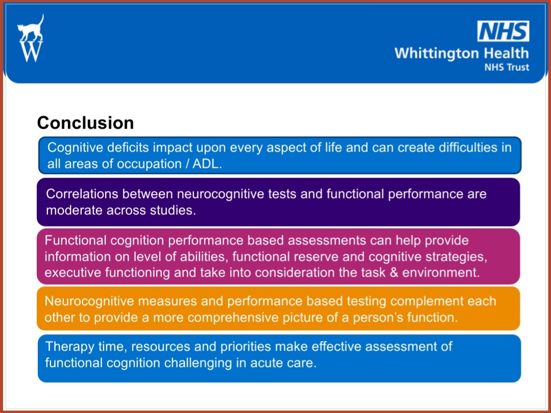 Presented to the Care of Older People MDT on functional cognition &amp; the value of ADL based assessments today. The loss of quiet rooms &amp; ADL assessment spaces in acute care means these valuable assessments are not completed. #righttorehab @KMiddletonCSP