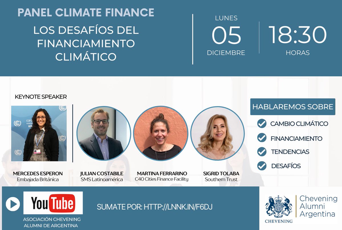 ChevAlumniARG's tweet image. Los desafíos del financiamiento climático, con @juliancostabile, @mferrarino y @sigrid_tolaba 🌎

El próximo lunes, 5 de diciembre de 2022, a las 18 🕕 

#Chevening #IAmChevening #MyCheveningJourney