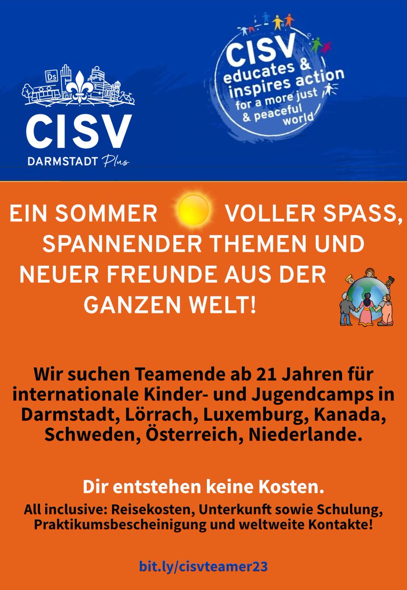 CisvDarmstadt's tweet photo. Du bist 21 oder älter, gerne in einem pädagogischen Beruf tätig (oder studierst an einer PH), und hast Lust auf was Neues? Wir haben da ein Angebot - mehr Infos auf https://t.co/wg6juAaP1e
#cisv #cisvdarmstadt #international #kindercamp #jugendfreizeit #praktikum #softskill https://t.co/PHvdNx4YLM