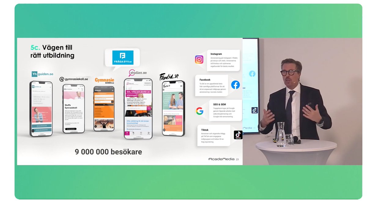 Här står AcadeMedias VD och skryter om att de sidor som erbjuder vägledning via nätet - som AcadeMedia har köpt upp och nu äger själva - har 9 000 000 besökare årligen. Fattar ni? 9 000 000 besök av unga som söker hjälp med sitt skolval, där AcadeMedia själva är största aktören.