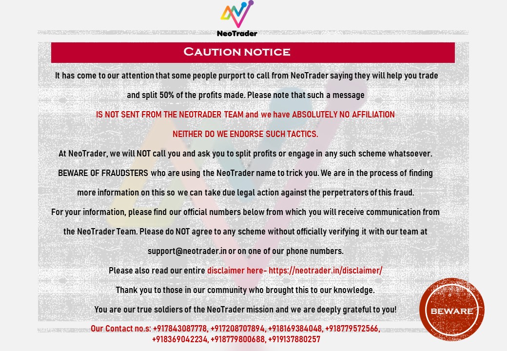 NeoTrader_in's tweet photo. Hey Traders...👋
Just an Important announcement📢
Please beware of scammers⚠️
Read the disclaimer given below 👇
https://t.co/uW2vQRSL1x

#nifty #bankniftylivetrade #intradaystrategy #liveoptiontrading #optiontrading #neotrader #cknarayan #trading #scam #scamalert https://t.co/LvIapGWR0x