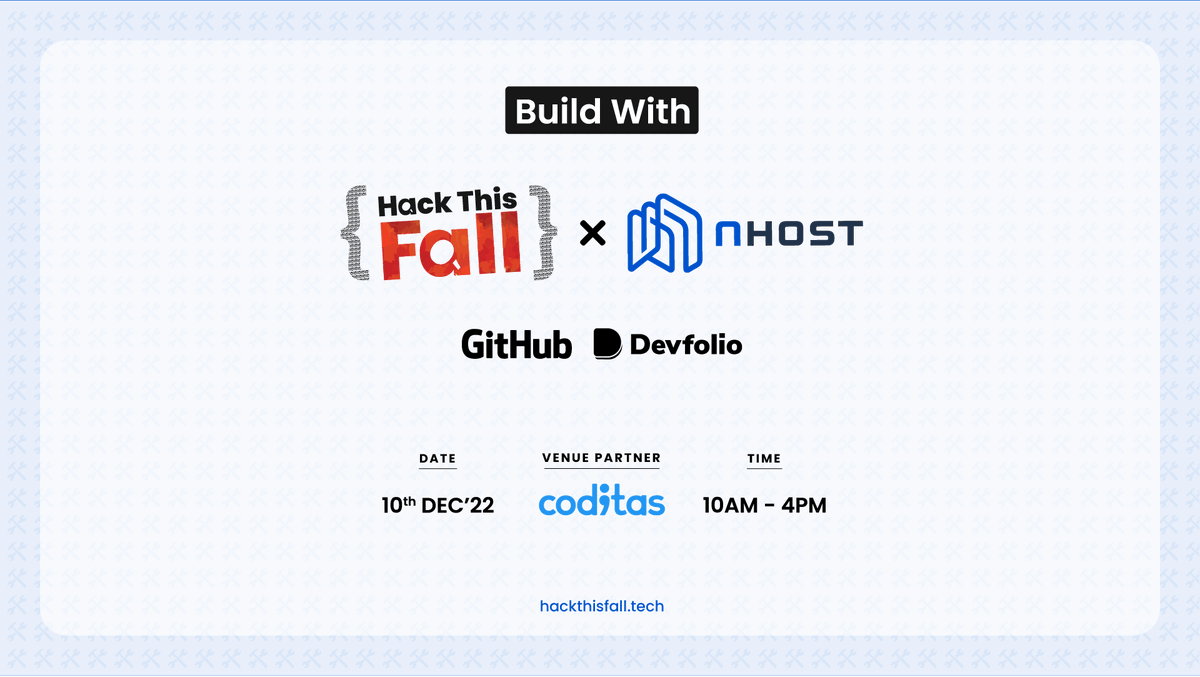 hackthisfall's tweet photo. We bring to you our new series of events `Build With` and for the very first workshop meet-up, we partner with @nhost 💻

​🗓 10th Dec, 2022
🕙 10 AM to 4 PM
📍 Pune (Invite Only)

Find more info on our page &amp; register now: https://t.co/qhdkwpNYNh 🔗

#BuildWithHTF #HTFxNhost https://t.co/UBK1wEKFoC