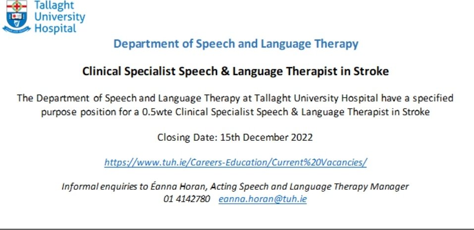 Tallaght University Hospital SLT Dept (@tuh_slt) on Twitter photo Very exciting job alert 🚨 See below for a new Clinical Specialist post in Stroke- closing date 15th of December. Fantastic opportunity to be involved with a great MDT and progress the role of #SLT in this area! 🙌🏻
<a href="/wearetuhf/">Tallaght University Hospital Foundation</a> <a href="/ronancollins7/">Prof. Ronan Collins</a> <a href="/iaslt/">IASLT</a> Very exciting job alert 🚨 See below for a new Clinical Specialist post in Stroke- closing date 15th of December. Fantastic opportunity to be involved with a great MDT and progress the role of #SLT in this area! 🙌🏻
<a href="/wearetuhf/">Tallaght University Hospital Foundation</a> <a href="/ronancollins7/">Prof. Ronan Collins</a> <a href="/iaslt/">IASLT</a>