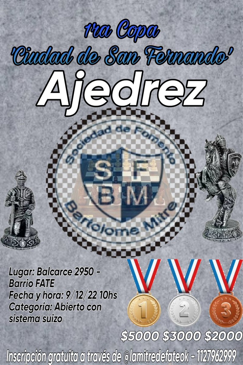 Buenas! Les dejo la invitación abierta para el primer torneo de #Ajedrez organizado en barrio Fate, #SanFernando el próximo 9/12 a las 10hs con premios en efectivo ¡Se agradece difusión! #BuenViernes