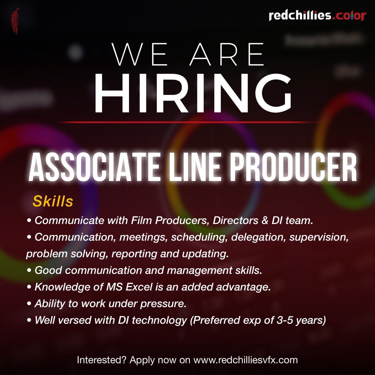 color_rcvfx's tweet photo. Color grading plays an integral part in storytelling, setting the tone &amp; mood of the viewer as the story unfolds. Does this sound interesting to you? Come be a part of the dream team at #RedChilliesColor. 

Interested candidates, apply now on https://t.co/zIveeVFNfJ.

#RCHiring https://t.co/Tfd3Xp4Ytc