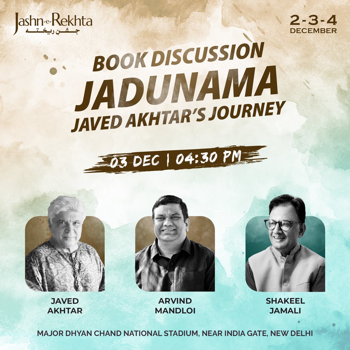 Come listen to Javed sa'ab and our author Arvind Mandloi talk about our upcoming release 'Jadunama' tomorrow!
@JashneRekhta @Rekhta @Javedakhtarjadu @AzmiShabana

#arvindmandloi #javedakhtar #book #biography #session #newdelhi #rekhta #jashnerekhta