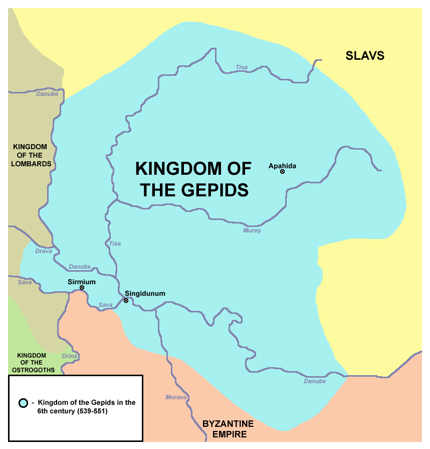 Kingdom of the Gepids, taken from https://en.wikipedia.org/wiki/Gepids#/media/File:Gepid_kingdom_6th_century.png