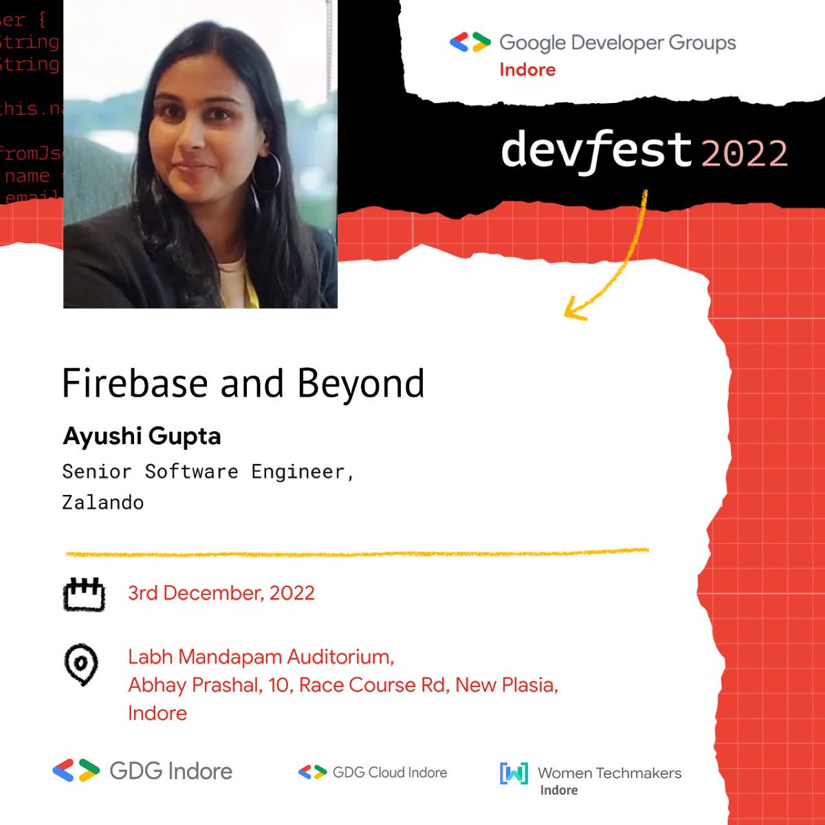 GDG INDORE (@gdg_indore) on Twitter photo Introducing an amazing speaker for #devFestIndore2022 Day 1, 3 December 2022.
We're delighted to have ๐ <a href="/DroidyAyu/">Ayushi Gupta</a> ๐, senior software engineer @ Zalando and our Android expert, as our speaker for the day, sharing her insights with us on ๐ "#Firebase and Beyond" Introducing an amazing speaker for #devFestIndore2022 Day 1, 3 December 2022.
We're delighted to have ๐ <a href="/DroidyAyu/">Ayushi Gupta</a> ๐, senior software engineer @ Zalando and our Android expert, as our speaker for the day, sharing her insights with us on ๐ "#Firebase and Beyond"