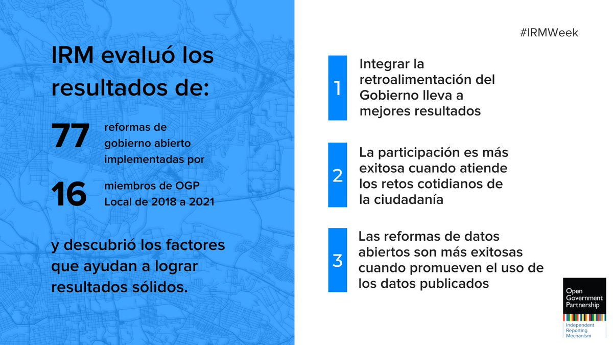 OGP_IRM's tweet photo. 🚀El IRM descubrió que las reformas de #GobiernoAbierto que lograron los mejores resultados tenían muchas cosas en común:
✔️fuerte apoyo político
✔️diseño claro
✔️actividades realistas
✔️colaboración gobierno-sociedad civil
Lea Informe👉🏻https://t.co/psiZP1vzq5
#IRMWeek https://t.co/mqWpbdb8H7