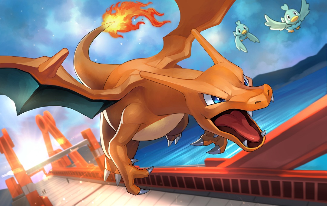 charizard pokemon (creature) fire no humans solo flame-tipped tail open mouth blue eyes  illustration images