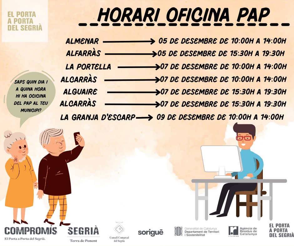 segriapap's tweet photo. Recordem els horaris d’oficina del porta a porta de la setmana vinent.
Per més informació consulteu el nostre web https://t.co/REPCBwcqX0
#ObjectiuRezero #CCSegria #Segriaresidus #TerradePonent #Lleida #Sostenibilitat #Reciclatge https://t.co/9d3wMJjp1Q