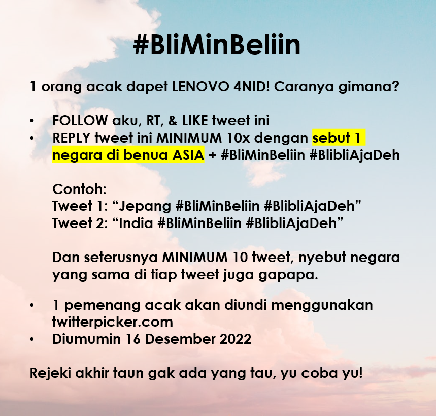 bliblidotcom's tweet photo. Mau #BliMinBeliin laptop LENOVO ✨𝒈𝒓𝒂𝒕𝒊𝒔✨?

Cek gambar untuk caranya, yuk ikutan yaaa! Semoga Desember ini indah, moga rejeki yah! 🔥 

#BlibliAjaDeh 🌏 https://t.co/29mD3g3wtP