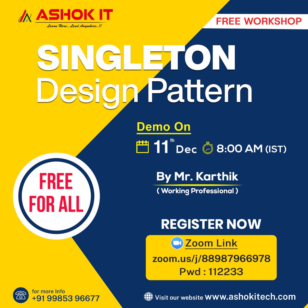 ashokitschool's tweet image. 🛑Free Workshop🛑
✍️ Enroll Now : bit.ly/3ErmRiz
👉 Workshop On 11th-Dec @ 8:00 AM IST
👉 Join Us In Telegram : bit.ly/3iP2KyA
🌐 Visit : ashokitech.com
CALL NOW: +919985396677
#singleton #singletondesignpattern #designpatterns #workshop #ashokit