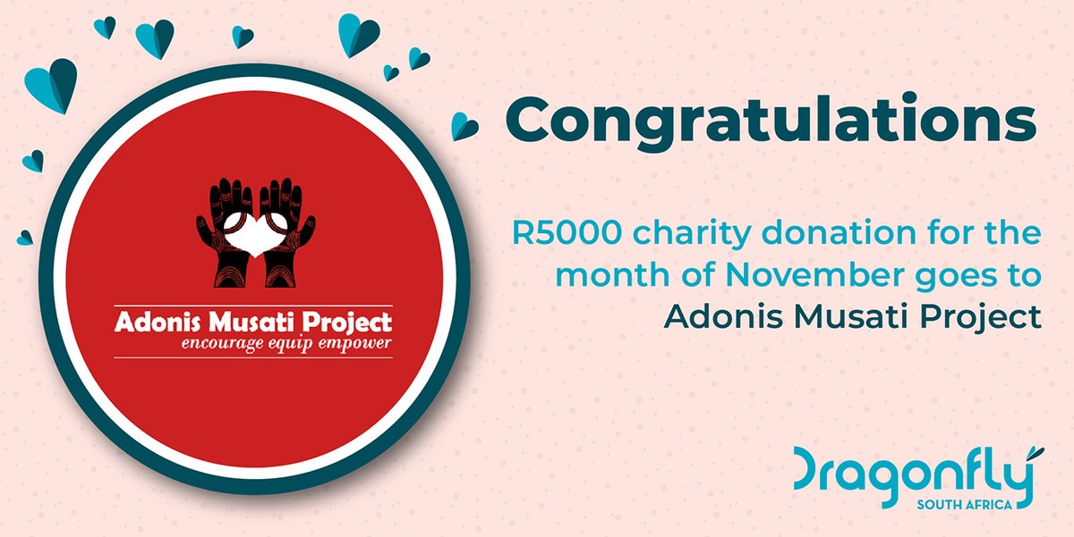 12 months of giving back with Dragonfly - November 2022 winner
Congratulations to …..Adonis Musati Project, they are the eleventh charity in 2022 to be picked out the draw and the recipients of a R5000 donation! lnkd.in/gsESUMit
#DragonflyDM #Charity #Givingback