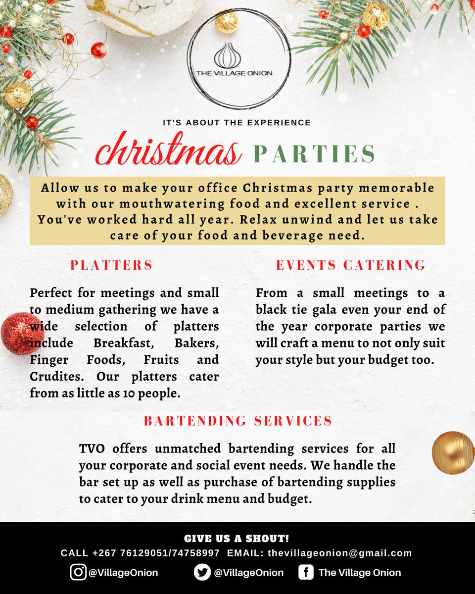 Allow us to make your office Xmas party memorable with our mouthwatering food and excellent service.

You've worked hard all year, you can now relax and unwind while we take care of your food and beverage needs.

For more information call our WhatsApp us on 72397698 / 76129051