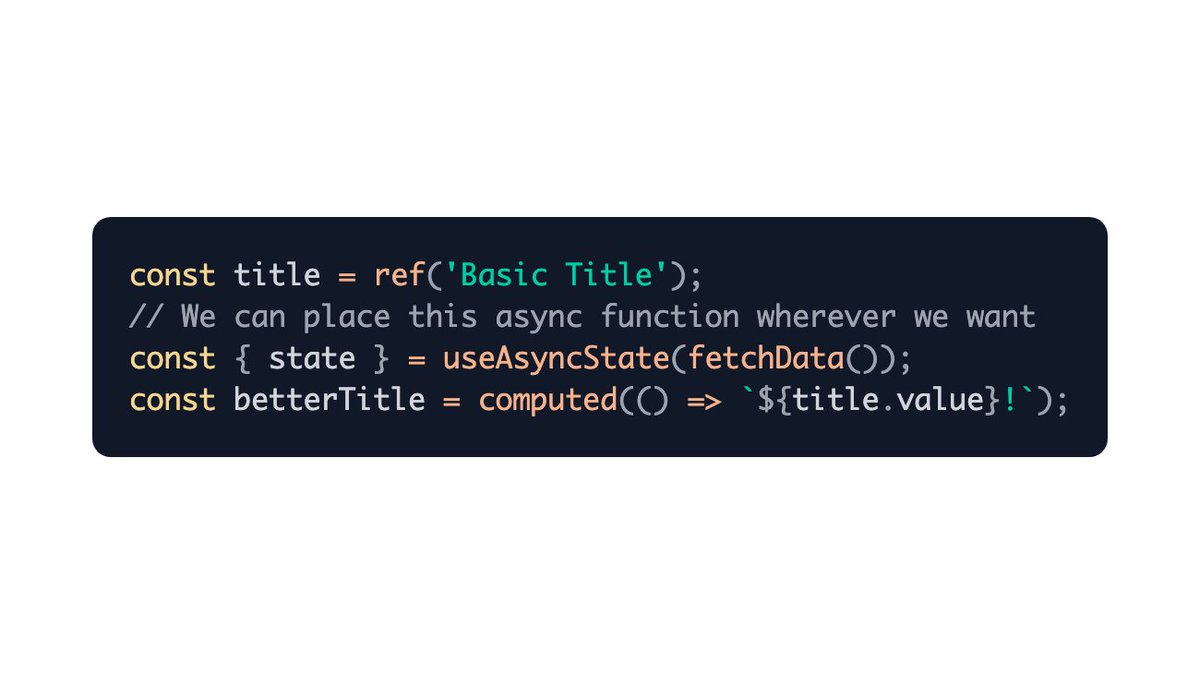 MichaelThiessen's tweet image. Using async logic in @vuejs with the composition API can be tricky at times.
We need to put things in the correct order, or the `await` keyword will mess things up with our reactivity.
But with the Async Without Await pattern, we don’t need to worry about all of this: