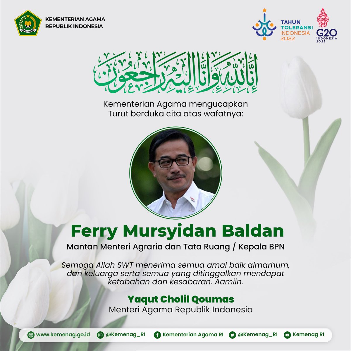 Innalillahi wa inna ilaihi raji'un

Berduka atas wafatnya
Bapak Ferry Mursyidan Baldan
Mantan Menteri Agraria dan Tata Ruang/Kepala BPN

Semoga amal baiknya diterima Allah Swt. Aamiin