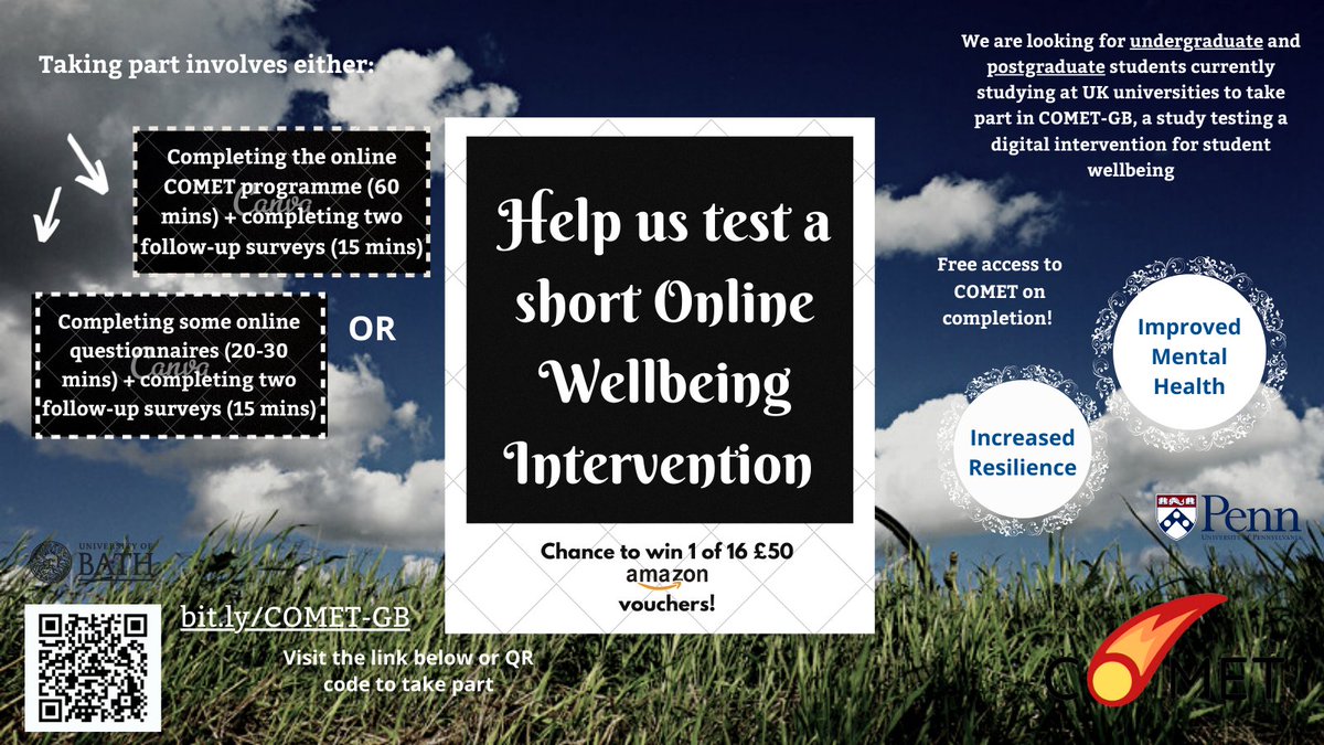 Are you a UK-based #undergraduate, #postgraduate or #doctoralstudent? If the answer is yes, we would love for you to take part in our #online #mentalhealth #intervention! Sign up here ➡️ bit.ly/COMET-GB

#AcademicChatter #AcademicTwitter #StudentLife