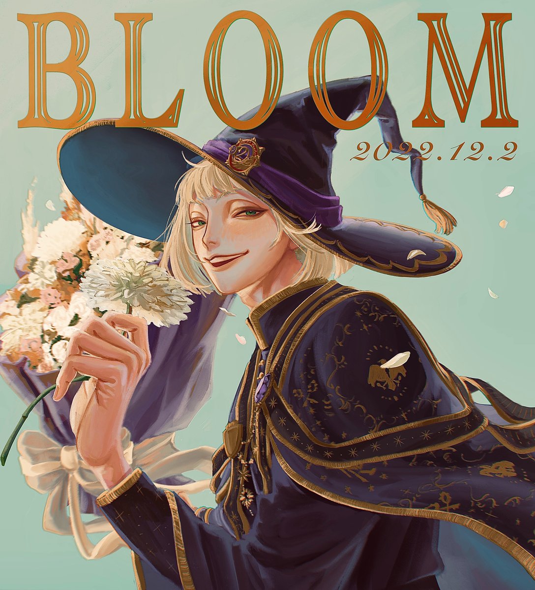 flower male focus 1boy solo hat blonde hair bouquet  illustration images