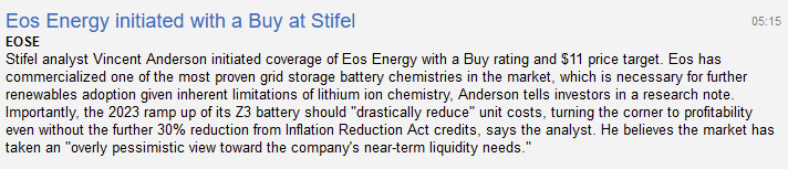 SteveYonezu's tweet photo. Watching $EOSE today. $11 Price Target from Stifel Initiating Coverage Report, implying 958% upside from yesterday's close. Electric grid battery technology. https://t.co/xeUbL1vyju
