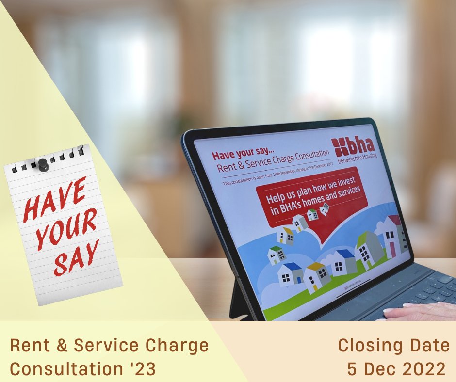 📌 Closing in 3 days 📌
Rent &amp; Service Charge Consultation’23
Help us understand your priorities while we balance improving our services and keeping your rent affordable. 

Make your views heard in this survey: …nsultation.berwickshirehousing.org.uk 

Closing date:  5 Dec 2022