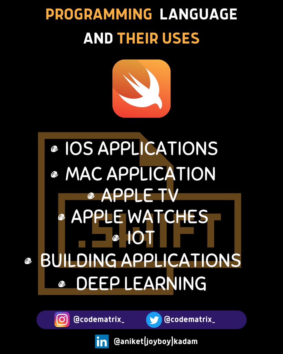 CODE_MATRIXX's tweet image. Programming language and their uses😁👌
.
.
.
.
.
.
#canva #canvadesign #C #javascript #html #css #js #developer #webdev #react #webdeveloper #frontend #backend #frontenddeveloper #code #programming #trending #instatrend #css3 #tutorial #web #webdesign #cssdesign #projects #swift