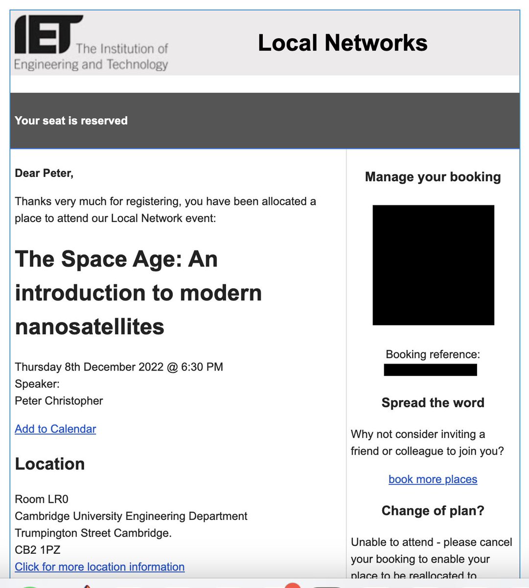 Next Thursday (8th) I'm going to be speaking at the <a href="/TheIET/">The Institution of Engineering and Technology</a> event in <a href="/Cambridge_Eng/">Engineering Dept</a> about space and nanosatellites. 

<a href="/cambsec/">IET Cambridge</a> <a href="/ExoboticsUK/">Exobotics UK</a> #Space
