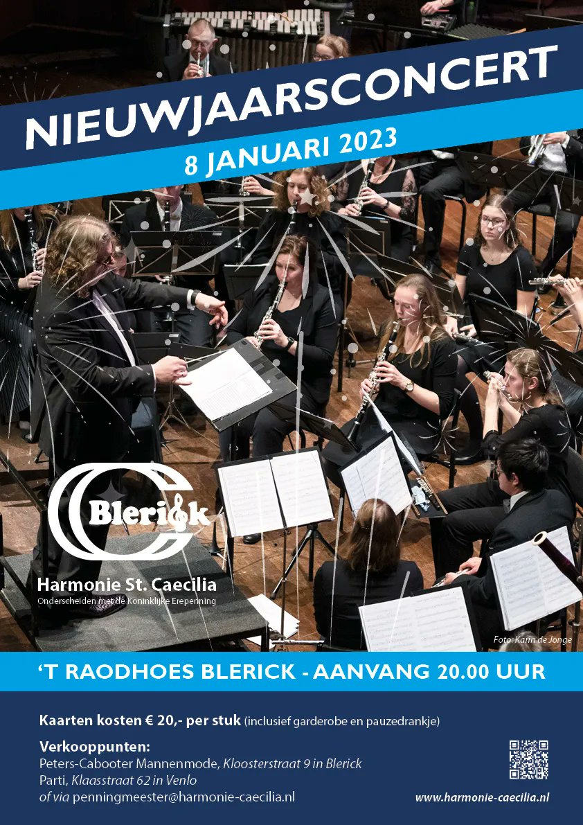 Geheel nieuwe opzet van het nieuwjaarsconcert! Zet zondag 8 januari 2023 snel in je agenda. Het concert begint om 20.00 uur in ‘t Raodhoes in Blerick. Zien we jou ook? Kaarten zijn verkrijgbaar bij penningmeester@harmonie-caecilia.nl