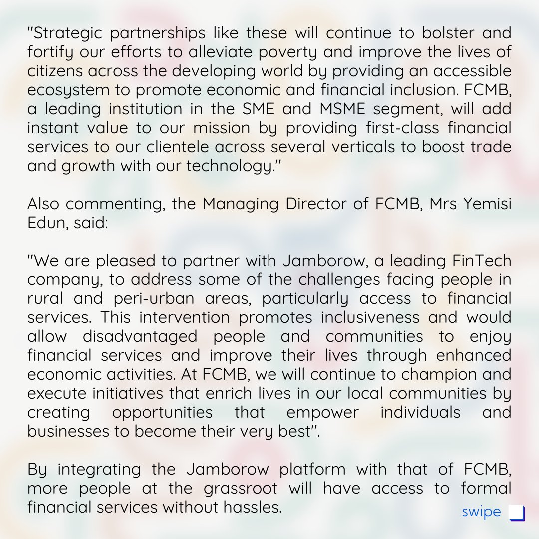 jamborowfintech's tweet image. We are pleased to announce  Jamborow's partnership with Nigeria's leading financial services provider, First City Monument Bank (FCMB) @MyFCMB 

Read more on the slides.

cc @Techpointdotng @fintechafrica1 @TechCabal 

#Jamborow #JamborowLTD #FCMB #FinancialInclusion #Banking