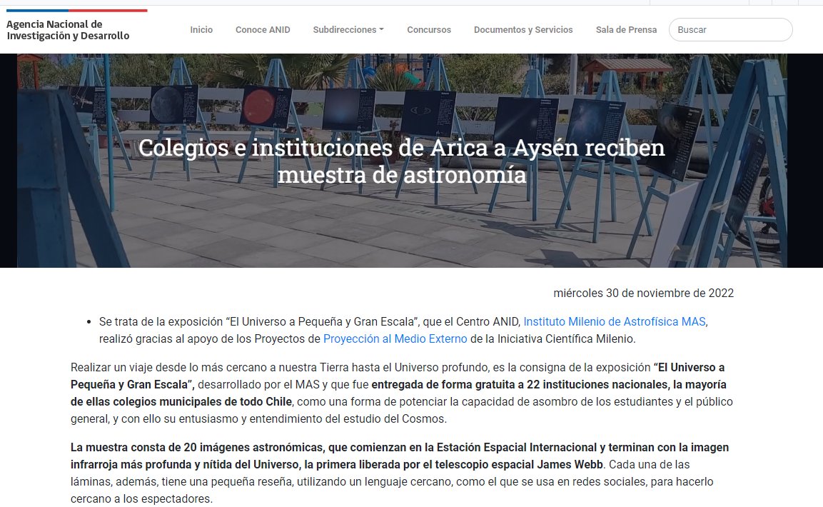 astrofisicaMAS's tweet photo. @CentrosAnid destacó nuestra expo "El Universo a Pequeña y Gran Escala" la que fue entregada de forma gratuita por @astrofisicaMAS a más de 20 colegios de todo el país para sus programas de ciencia 
¡No se imaginan las fotos increíbles que nos enviaron!
https://t.co/P0hmHdy1PX https://t.co/m9yxnLrAzR