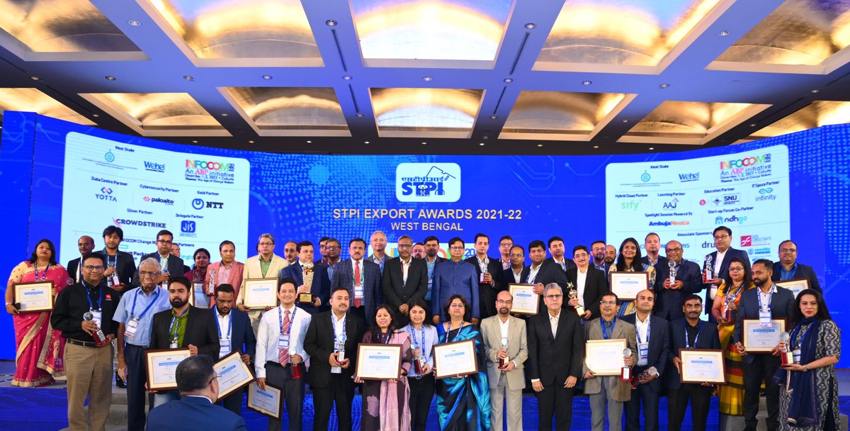 stpi_kolkata's tweet photo. Group photo with all the Awardees of STPI Export Awards 2021-22, West Bengal at ITC Sonar, Kolkata #INFOCOM2022 https://t.co/dgV2R9dd3Z