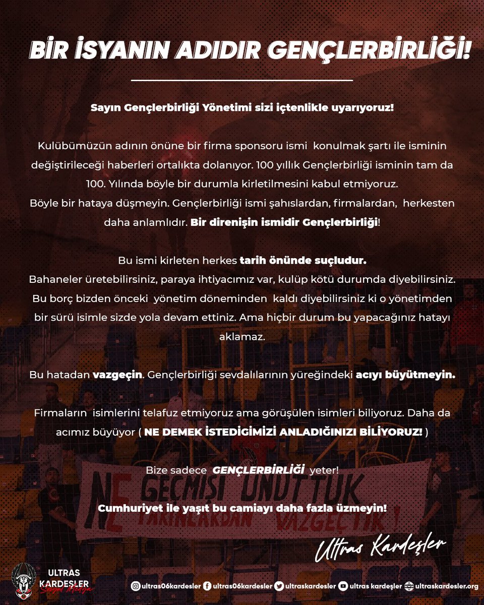 BİR İSYANIN ADIDIR GENÇLERBİRLİĞİ!

#UltrasKardeşler #ForzaGençlerbirliği #Gençlerbirliği #Ankara