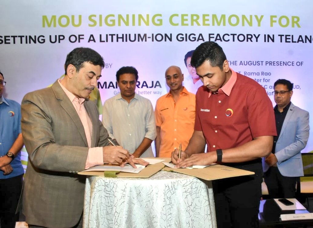 JayGalla's tweet photo. A giant leap for @AmaraRaja_Group. Delighted to announce our strategic partnership with GoTS. Rs.9,500 crs investment MOU signed with #Telangana Govt in the presence of Hon'ble Min Sri @KTRTRS to establish a Lithium-ion Giga factory, creating value and employment. #newbeginnings https://t.co/MfzD0FYc6f