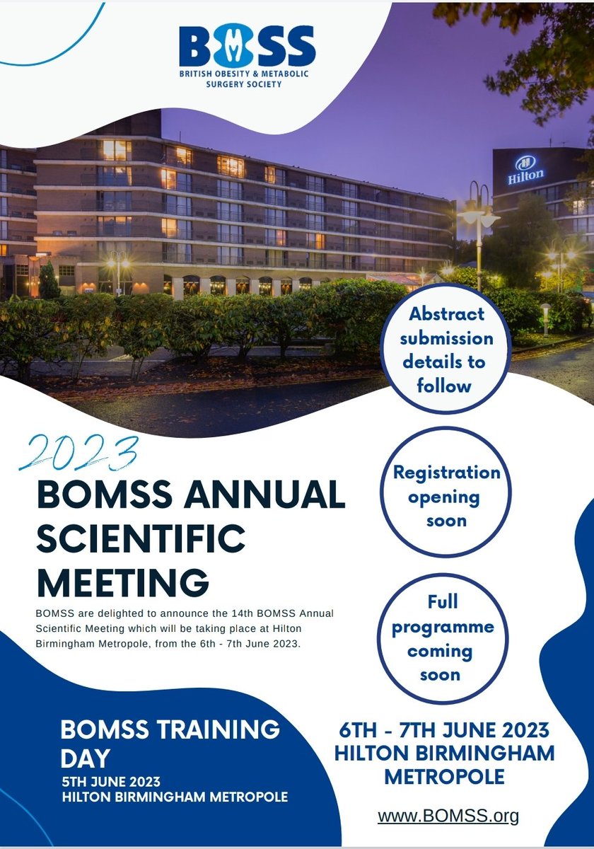 Chetan D Parmar (@drcdparmar) on Twitter photo 📣📢Pleasure to announce the BOMSS 2023 meeting on 6th-7th June 2023 at Birmingham. Training day-5th June. Abstract submission and registration details to follow soon. See you all there.#Obesity <a href="/IfsoSecretariat/">IFSO</a> <a href="/roux_group/">The Roux Group</a> <a href="/BDA_Obesity/">BDA Obesity Group</a> <a href="/UK_ASO/">Association for the Study of Obesity UK</a> <a href="/SOBAuk/">SOBA</a> <a href="/IBCClub1/">International Bariatric Club</a> <a href="/ALSGBandI/">ALSGBandI</a> 🤟⭐️🤝 📣📢Pleasure to announce the BOMSS 2023 meeting on 6th-7th June 2023 at Birmingham. Training day-5th June. Abstract submission and registration details to follow soon. See you all there.#Obesity <a href="/IfsoSecretariat/">IFSO</a> <a href="/roux_group/">The Roux Group</a> <a href="/BDA_Obesity/">BDA Obesity Group</a> <a href="/UK_ASO/">Association for the Study of Obesity UK</a> <a href="/SOBAuk/">SOBA</a> <a href="/IBCClub1/">International Bariatric Club</a> <a href="/ALSGBandI/">ALSGBandI</a> 🤟⭐️🤝