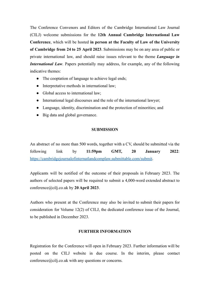 CILJconference's tweet photo. We are delighted to announce that the 12th Annual Cambridge International Law Conference is now accepting paper proposals. 
More information can be found at the following link: https://t.co/y9TlhNQHAR https://t.co/KMxZch0S4t