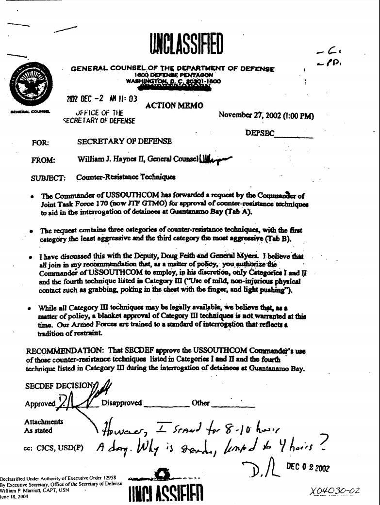 Today marks 20 years since Donald Rumsfeld signed off on torture methods including stripping, exploiting fears to terrify prisoners, stress positions for hours & 20hrs interrogations. In his handwriting below: 'I stand for 8-10 hours A day. Why is standing limited to 4 hours.'