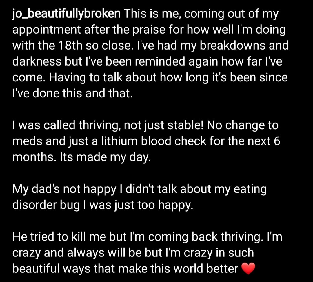 JoannaCash11's tweet photo. #happy #nochange #stable #thriving #review #comesofar #winning #igotthis #bipolar #bipolarclub #mentalhealth #PTSD #bpd #weirdo #awsome #kindcaringandloving #beautifulybroken https://t.co/WL0lgjxjtg