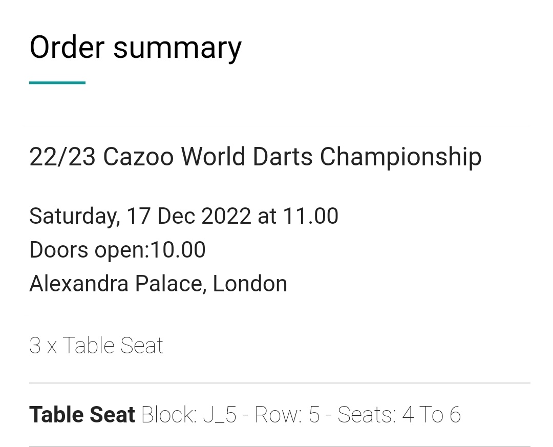 Darrentfc's tweet photo. x3 table seat darts tickets for sale 17th December. Can't go due to train strikes. £137 for the 3 (face value) #darts #allypally https://t.co/ls66vY13Wd