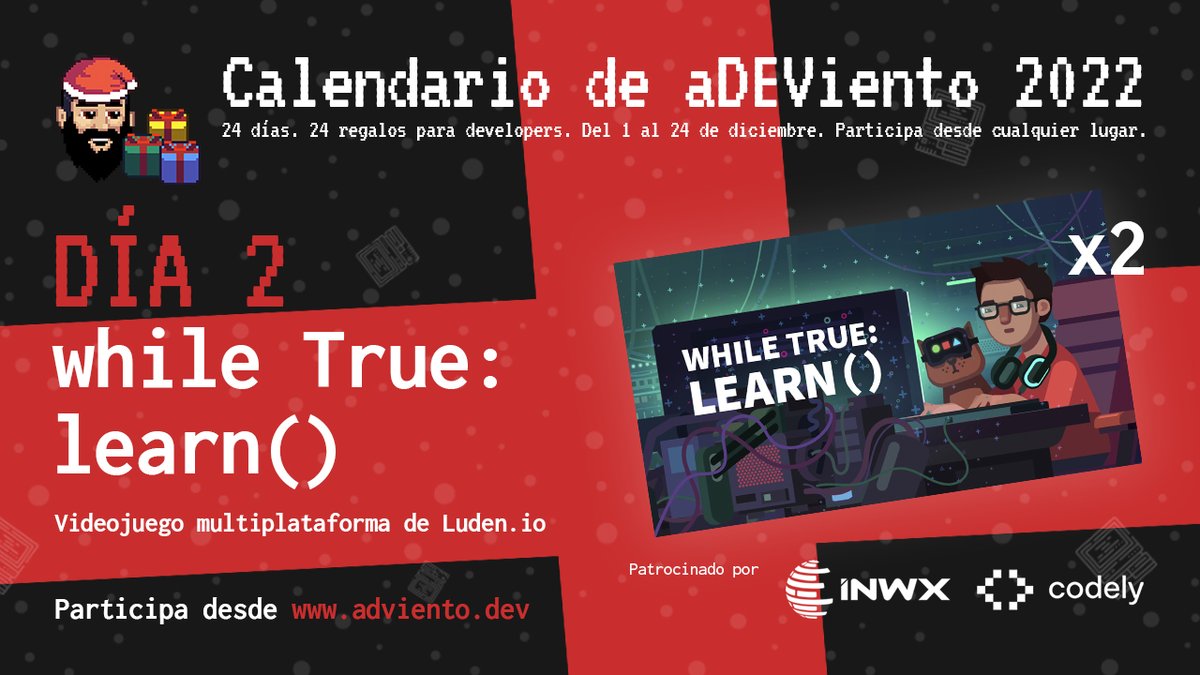 Aquí está el nuevo regalo sorpresa del 'Calendario de aDEViento 2022'! 🗓️ 24 días 🎁 24 regalos para developers 🌐 Sorteo mundial DÍA 2: 👉 (x2) Videojuegos multiplataforma para aprender a programar 'while True: learn()' 🔁 Únicamente haz RT para participar #aDEViento2022