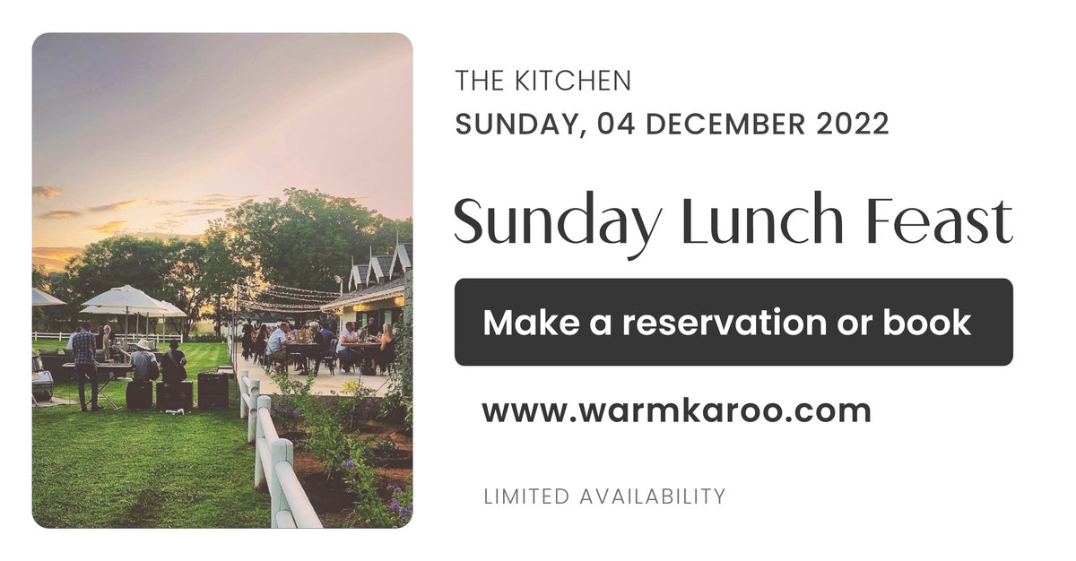 Join us for our Platter to the Table Sunday Lunch Feast this #Sunday! Inspired by classic farmhouse fare, our menu changes weekly depending on which fresh, seasonal produce is available. 
-
Reserve or buy your tickets at warmkaroo.com